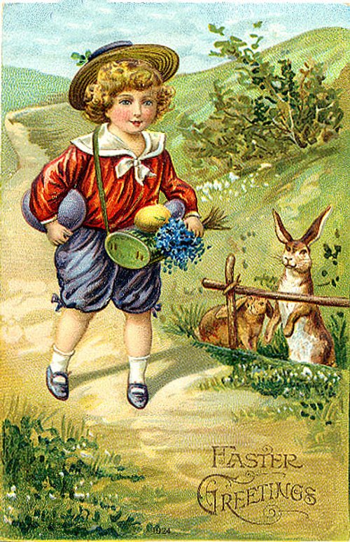 Victorian Easter Greetings Card Boy Rabbit Flowers Chromolithograph