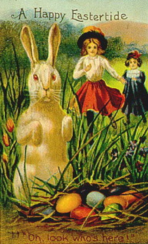 Victorian Easter Greeting Card with Rabbit & Children - Vintage