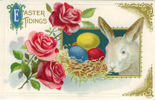 Victorian Easter Tidings Card with Rabbit and Roses