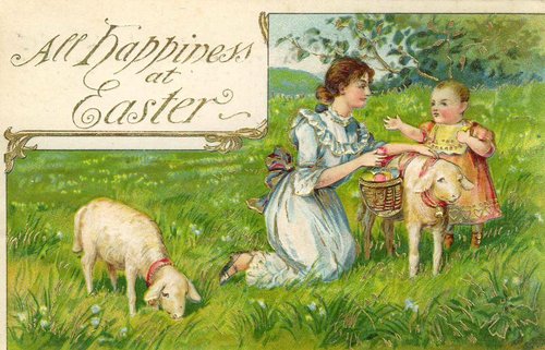 Victorian Easter Greeting Card with Woman, Child & Lamb