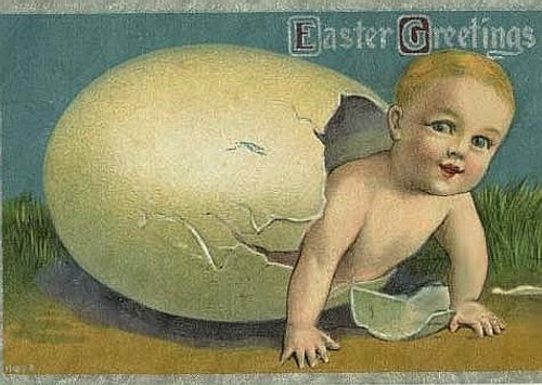 Vintage Easter Greetings Card: Cherub Baby Emerging from Giant Egg