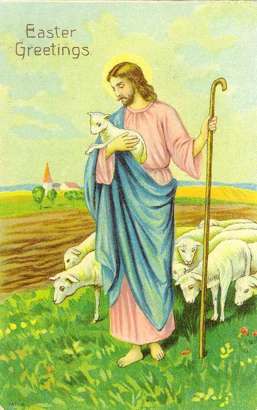Victorian Easter Greetings Card Jesus Shepherd Sheep