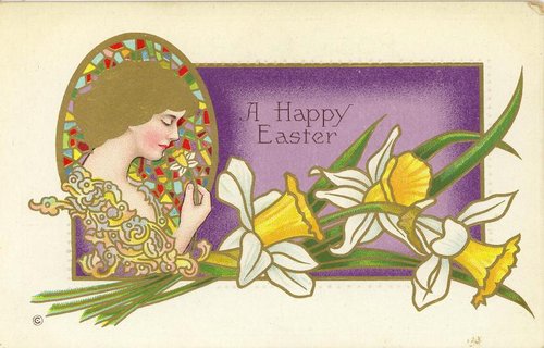 Art Nouveau Easter Greeting Card with Woman and Daffodils