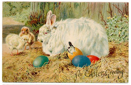Victorian Easter Greeting Card with White Rabbit & Chicks