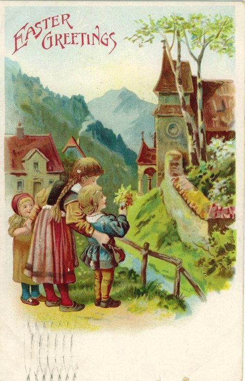 Victorian Easter Greetings Card Children Castle Landscape