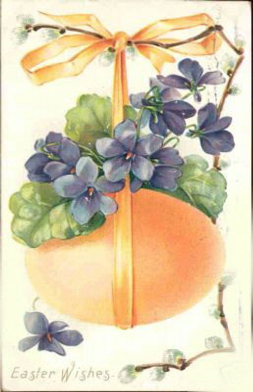 Victorian Easter Wishes Card with Violets & Orange Egg