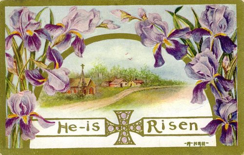 He Is Risen Easter Greeting Card Purple Iris Vintage