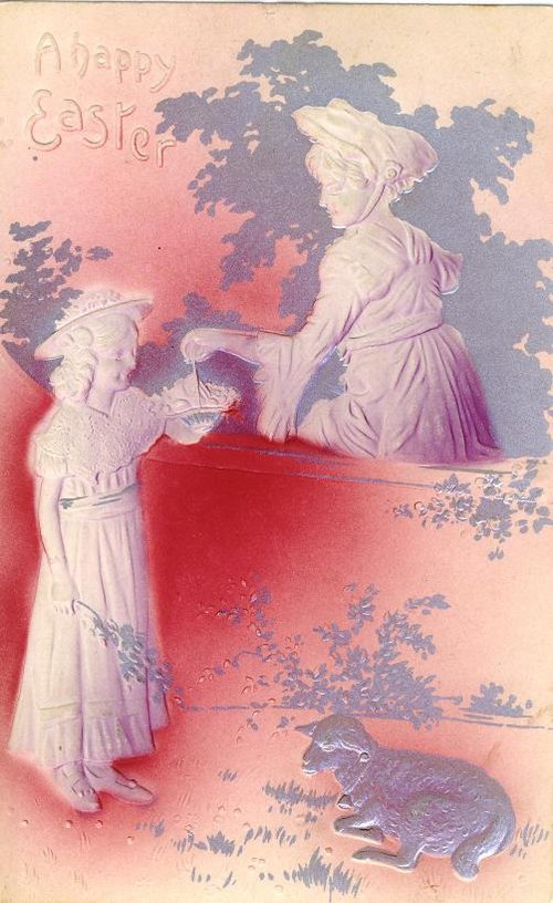 Vintage Easter Card: Child, Woman & Lamb in Pastel Edwardian Art