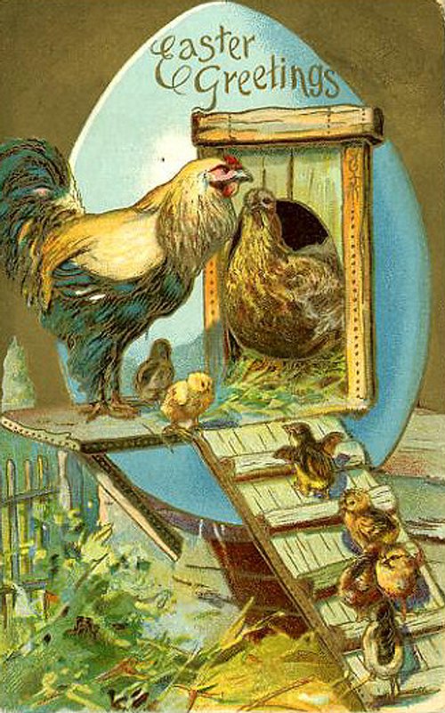 Victorian Easter Greetings Rooster Chicken Egg Die-Cut Card