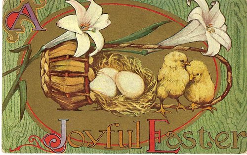 Vintage Easter Greeting Card with Chicks, Eggs & Lilies