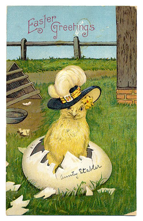 Easter Greetings Chick Hatching Egg Farm Scene Vintage Card