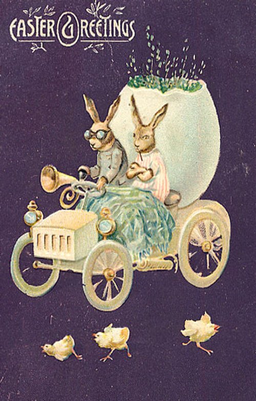 Vintage Easter Greetings Card: Rabbits in Egg Car - Early 1900s