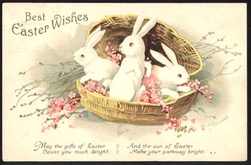 Victorian Easter Wishes Card with Three White Rabbits in Basket