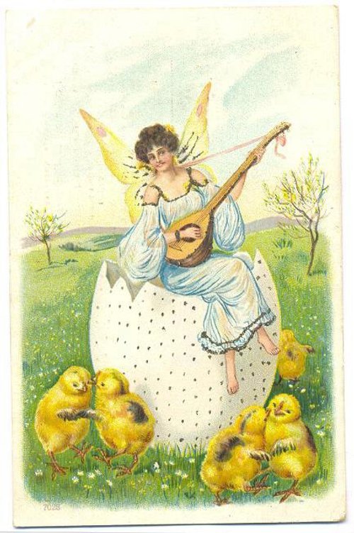 Vintage Easter Fairy with Mandolin/Lute & Chicks Card