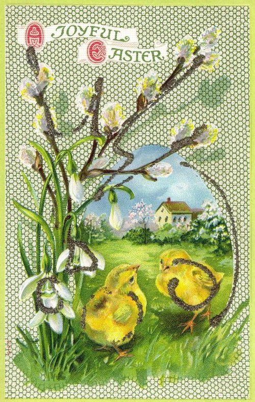 Vintage Joyful Easter Greeting Card Victorian Chicks Pussy Willow
