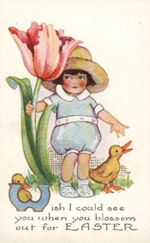 Vintage Easter Greeting Card with Child and Giant Tulip, Early 1900s