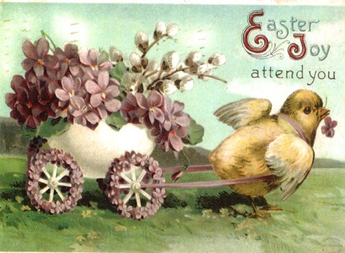 Victorian Easter Greeting Card with Chick and Floral Wagon