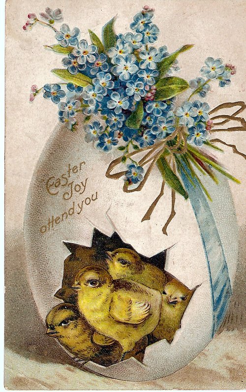 Victorian Easter Greeting Card with Forget-Me-Nots & Chicks