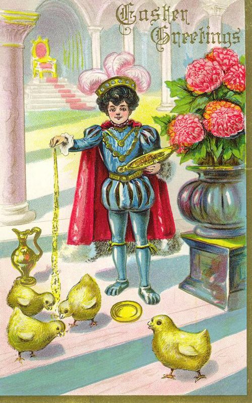 Victorian Easter Greetings Card with Boy, Chicks & Peonies