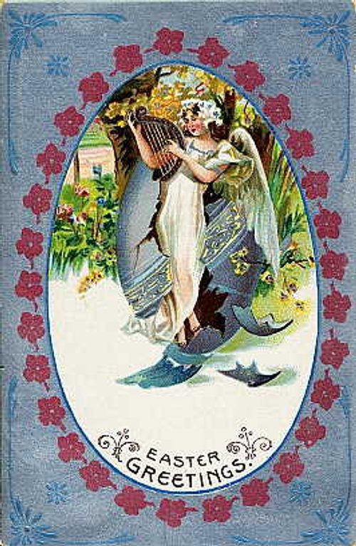 Victorian Easter Greetings Card Angel Cherub Flowers 1890s