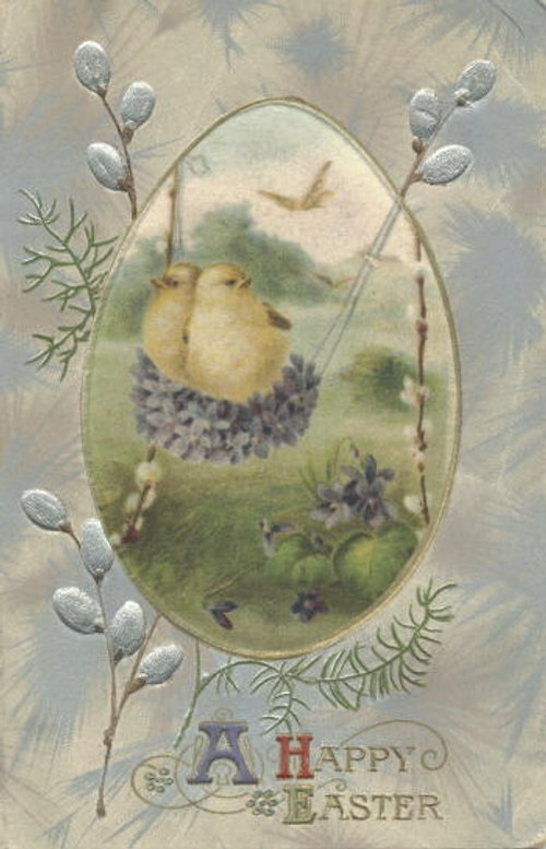 Victorian Easter Greeting Card with Chicks & Pussy Willows
