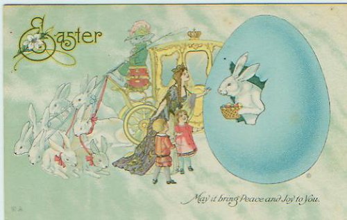 Victorian Easter Greeting Card with Golden Coach & Rabbits