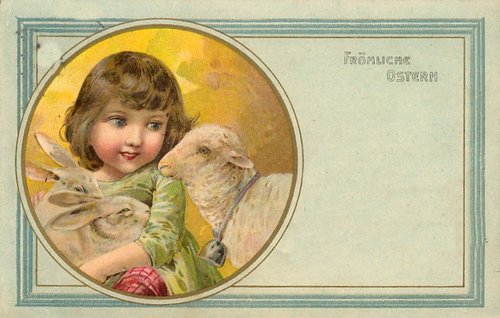 Vintage Easter Greeting Card Girl with Lamb German
