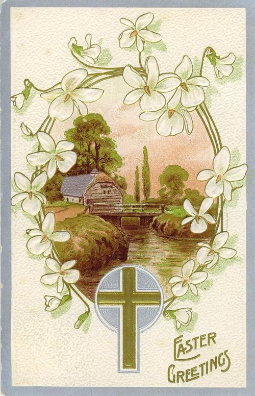 Vintage Easter Greeting Card with White Flowers & Cross