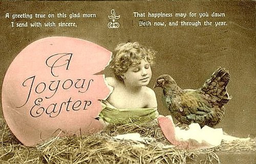 Vintage Easter Greeting Card with Cherub and Hen, Victorian Era