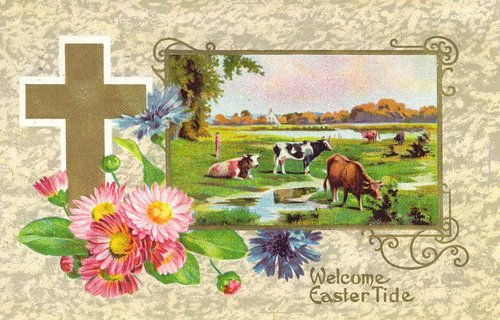 Vintage Easter Greeting Card with Cross, Pastoral Landscape & Flowers