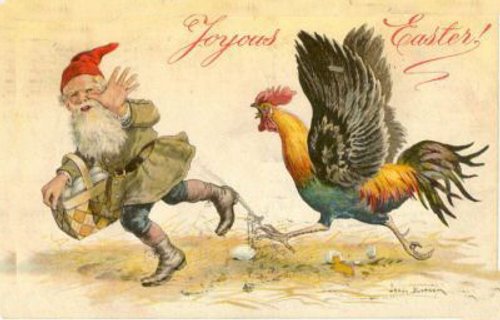 Joyous Easter Vintage Card: Dancing Gnome & Rooster