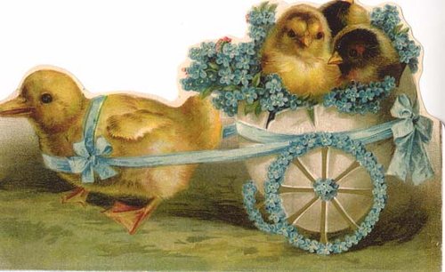 Victorian Easter Chicks Cart Die-Cut Greeting Card