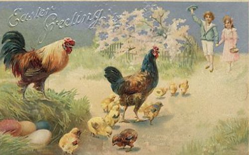 Easter Greetings Vintage Card: Roosters, Chicks & Spring Landscape