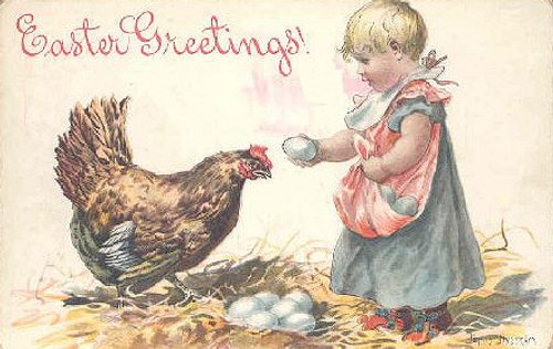 Vintage Easter Greetings Card with Girl and Hen