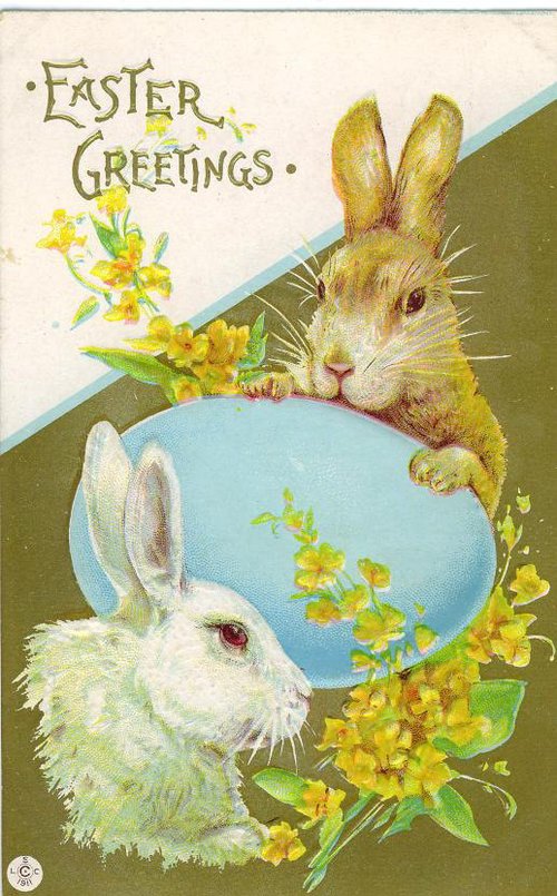 Vintage Easter Greetings Card with Rabbits and Yellow Flowers