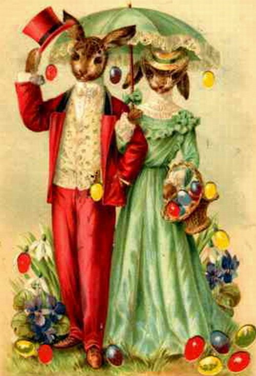 Victorian Anthropomorphic Rabbit Couple Easter Greeting Card