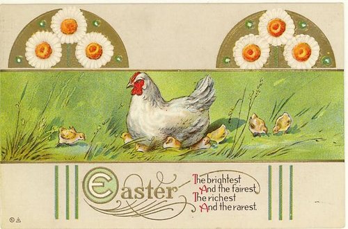 Vintage Easter Greeting Card with Hen, Chicks & Daisies