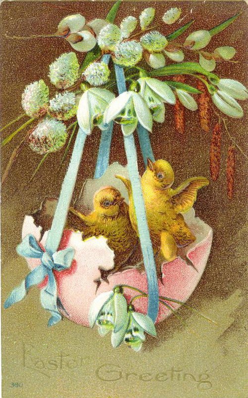 Victorian Easter Greeting Card with Chicks & Snowdrops