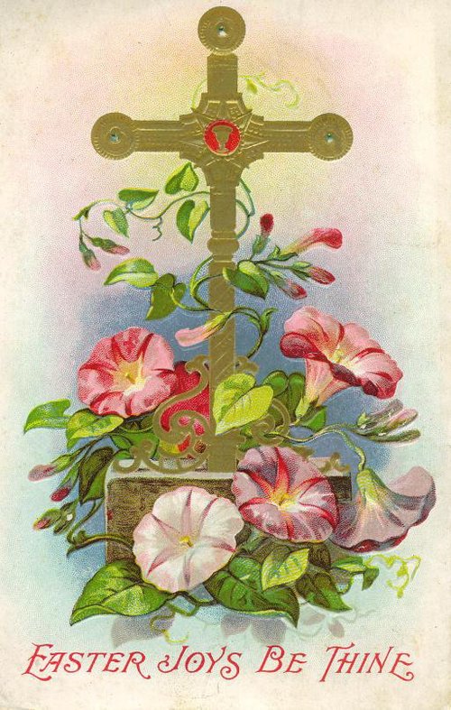 Victorian Easter Greeting Card with Ornate Cross and Morning Glories