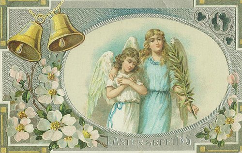 Victorian Easter Greeting Card with Angels and Spring Flowers