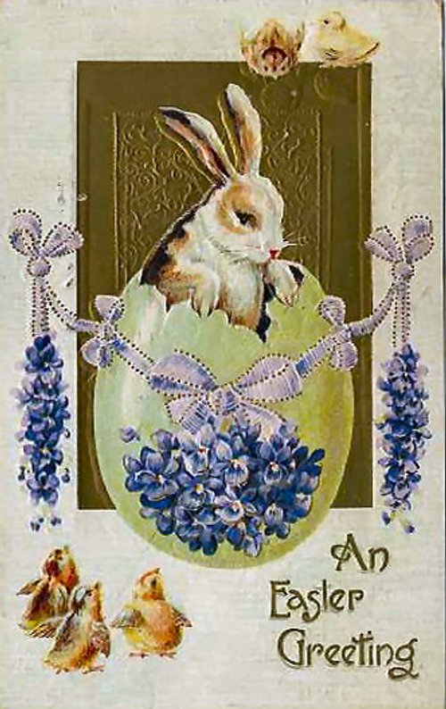 Vintage Easter Greeting Card with Rabbit & Lupines, Early 1900s