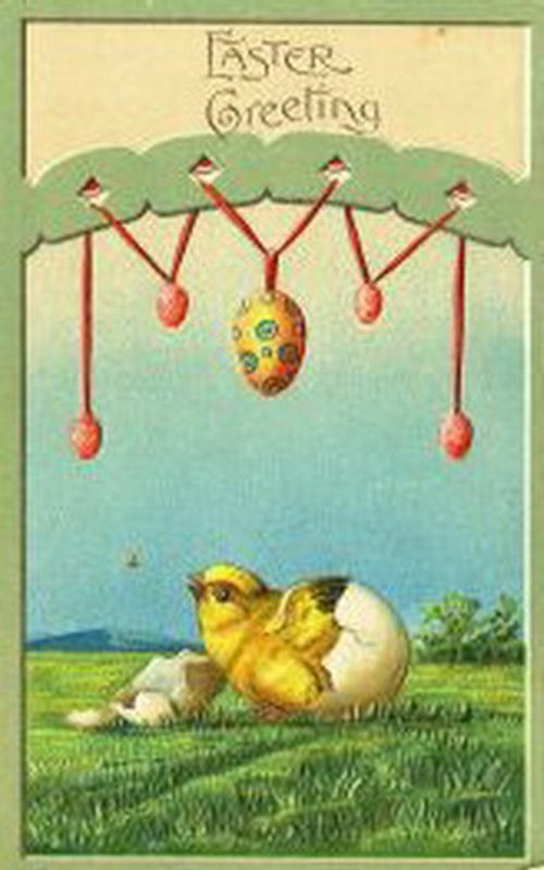 Vintage Easter Greeting Card with Yellow Chick and Hanging Eggs