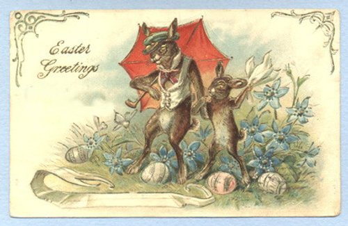 Victorian Easter Greetings Card with Anthropomorphic Rabbits