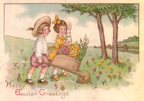 Vintage Easter Greeting Card Children Wheelbarrow Flowers
