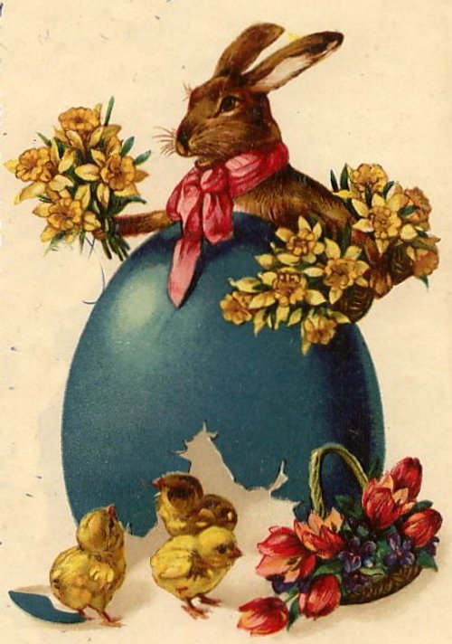 Victorian Easter Rabbit with Daffodils & Chicks Greeting Card