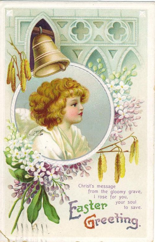Vintage Easter Greeting Card with Angel Child & Golden Bell