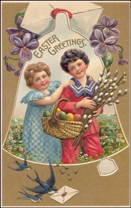Easter Greetings Vintage Card with Children & Flowers