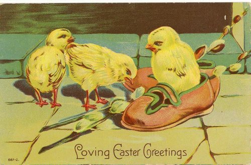 Vintage Easter Greeting Card with Adorable Chicks and Shoe