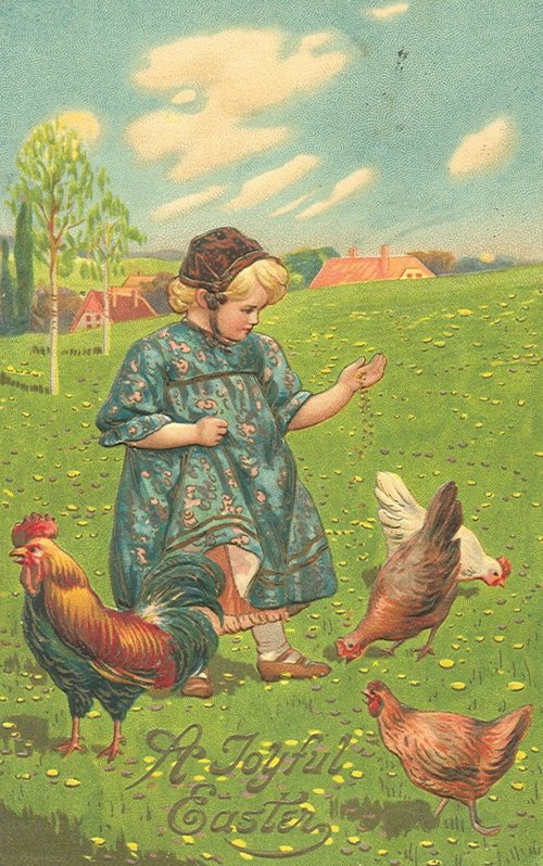 Vintage Easter Greeting Card Girl Feeding Chickens Farm 1900s