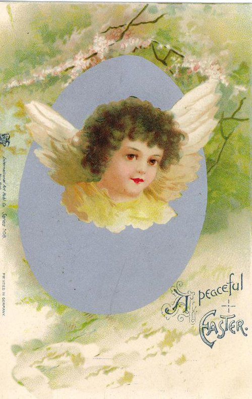 Vintage Easter Greeting Card with Cherub Angel in Blue Egg